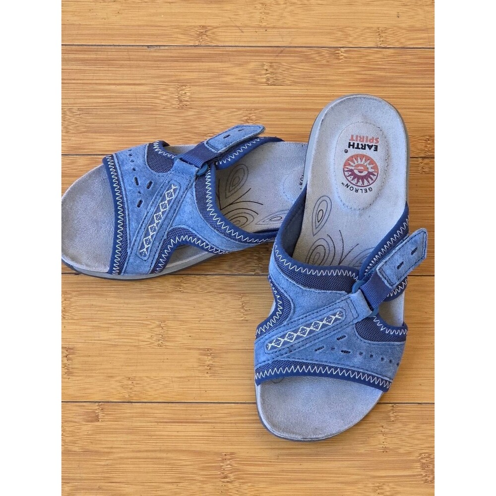 Earth Spirit Comfort Sandals Blue Leather Slides Gelron Cushion 7